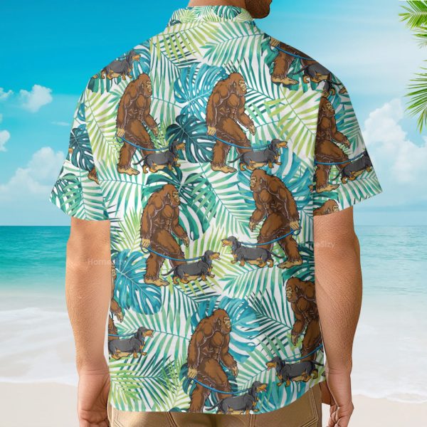 Funny Bigfoot Walking Dachshund Tropical Hawaiian Shirt