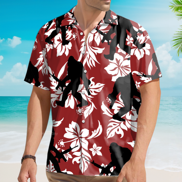 Tactical Bigfoot With Guns Floral Hawaiian Shirt