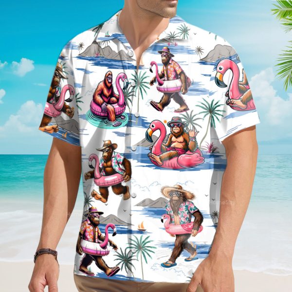 Funny Bigfoot Flamingo Relaxing Sasquatch Tropical Hawaiian Shirt