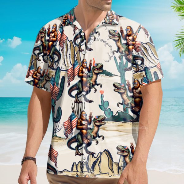Bigfoot Riding Dinosaur Patriotic Hawaiian Shirt