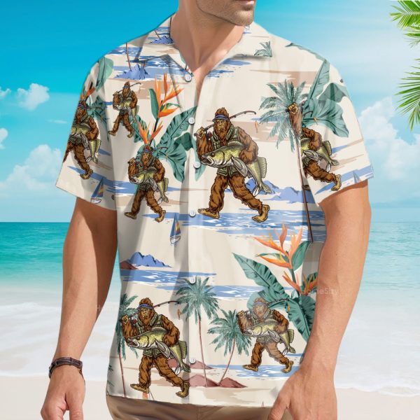 Funny Bigfoot Fishing Tropical Hawaiian Shirt