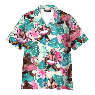 Funny Bigfoot Flamingo Relaxing Sasquatch Tropical Hawaiian Shirt