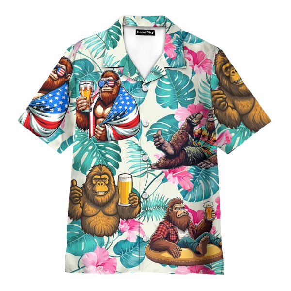 Funny Bigfoot Drink Beer Tropical Floral Hawaiian Shirt