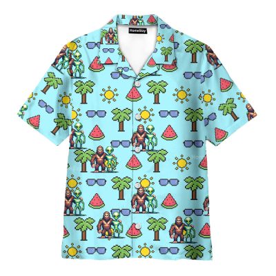Retro Pixel Bigfoot & Ufo Alien Tropical Hawaiian Shirt