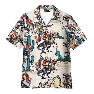 Bigfoot Riding Dinosaur Patriotic Hawaiian Shirt