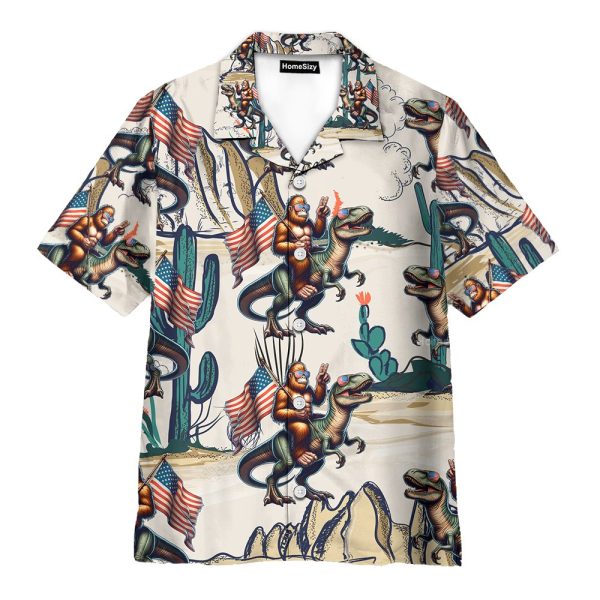 Bigfoot Riding Dinosaur Patriotic Hawaiian Shirt
