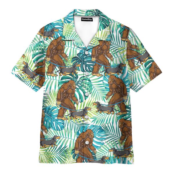 Funny Bigfoot Walking Dachshund Tropical Hawaiian Shirt