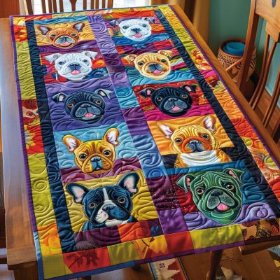 Frenchie Faces Colorful Quilted Table Runner