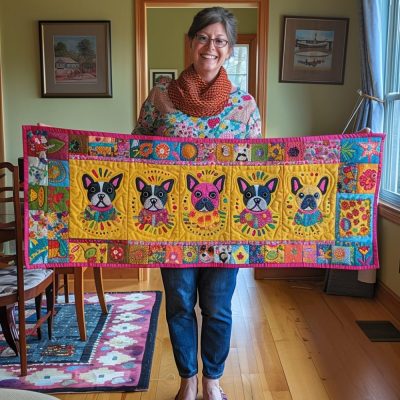 Colorful Frenchie Fun Quilted Table Runner